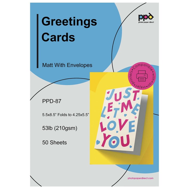 PPD Greeting Card Paper, Printable Greeting Cards With Envelopes for Inkjet Printer, 5.5 x 8.5 Blank Half Fold to 4.25 x 5.5 Custom Cards for Birthday, Wedding, Invitations, Thank You Note (50 Sheets) - Image 1